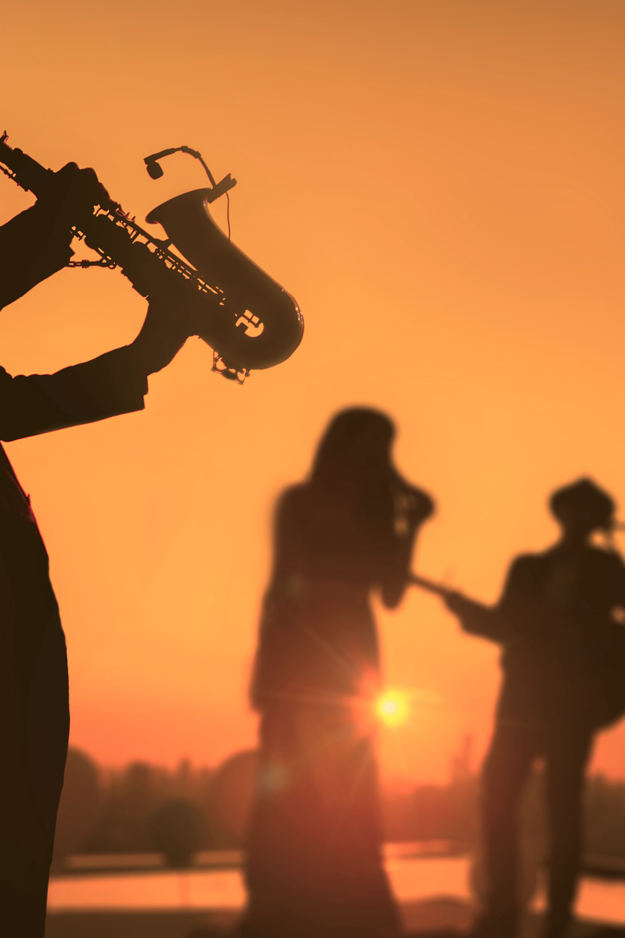 Musiker vor einem Sonnenuntergang.