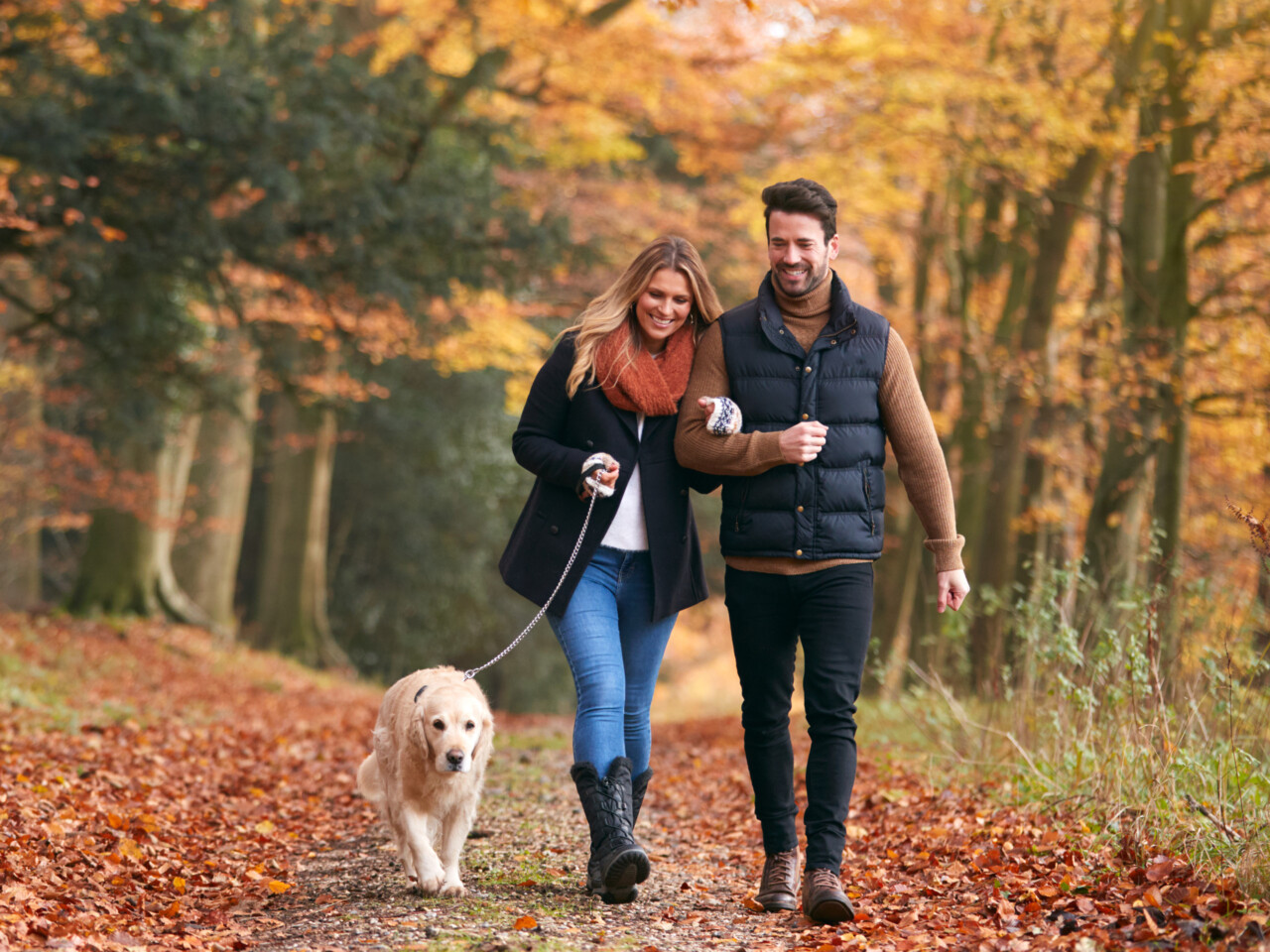Ein Paar mit Hund geht im Herbst spazieren.